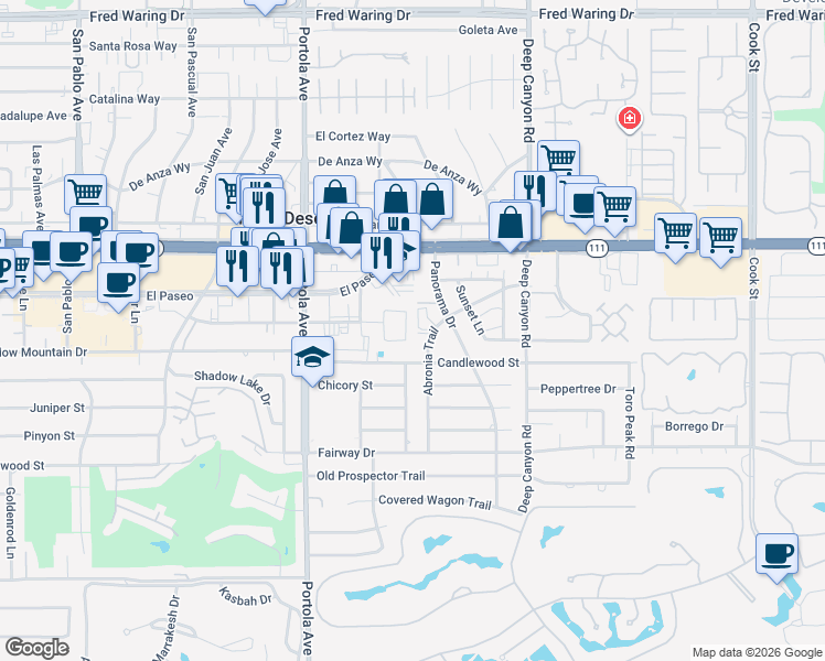 map of restaurants, bars, coffee shops, grocery stores, and more near 45418 Garden Square in Palm Desert