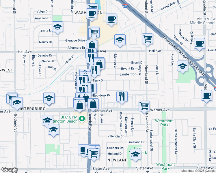 map of restaurants, bars, coffee shops, grocery stores, and more near 16782 Heritage Lane in Huntington Beach