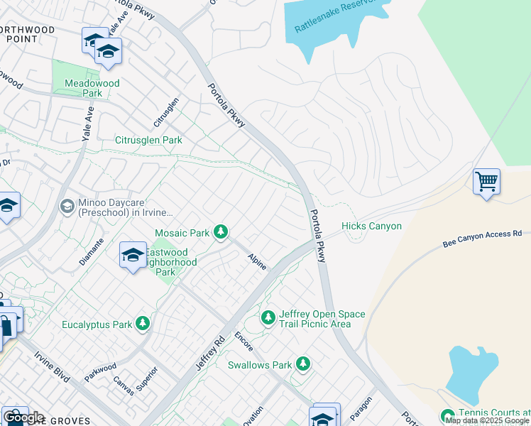 map of restaurants, bars, coffee shops, grocery stores, and more near 210 Parkwood in Irvine
