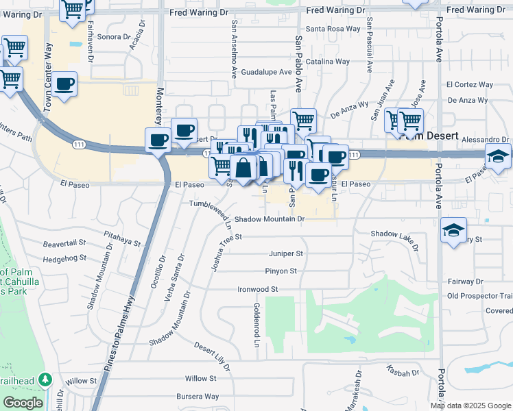 map of restaurants, bars, coffee shops, grocery stores, and more near 73330 Shadow Mountain Drive in Palm Desert