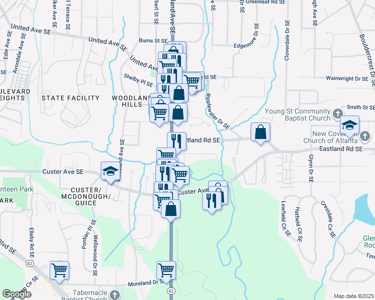 map of restaurants, bars, coffee shops, grocery stores, and more near 1224 Lynwyn Lane Southeast in Atlanta