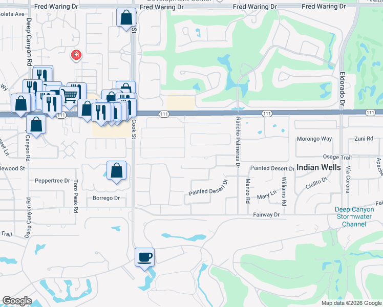 map of restaurants, bars, coffee shops, grocery stores, and more near 75270 Palm Shadow Drive in Indian Wells