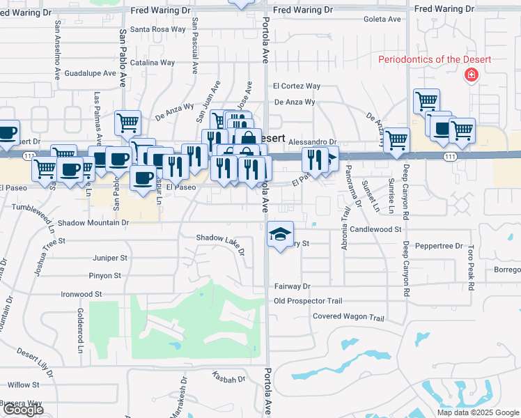 map of restaurants, bars, coffee shops, grocery stores, and more near 73965 Larrea Street in Palm Desert