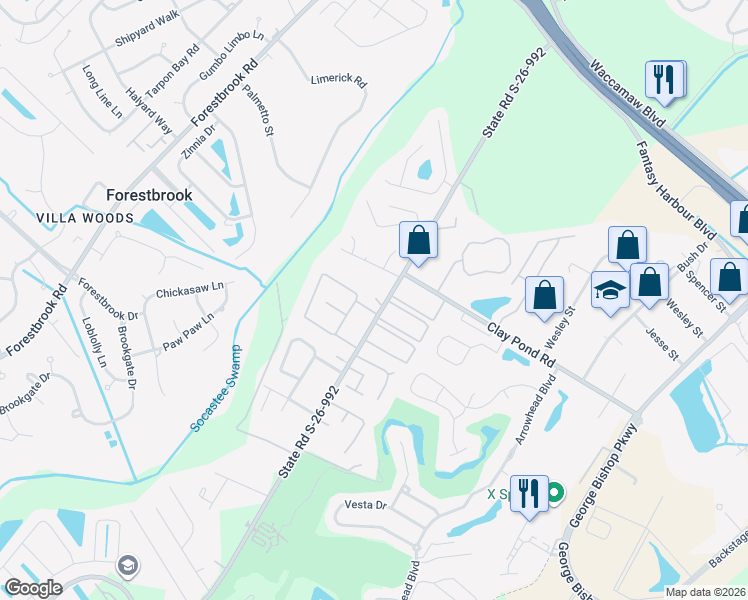 map of restaurants, bars, coffee shops, grocery stores, and more near 754 Burcale Road in Myrtle Beach