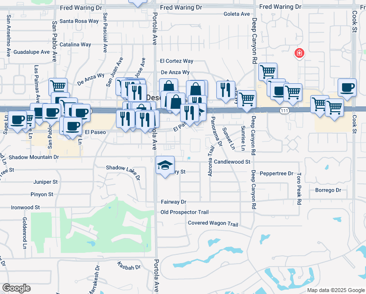 map of restaurants, bars, coffee shops, grocery stores, and more near 74135 Larrea Street in Palm Desert