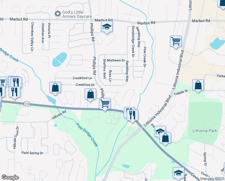 map of restaurants, bars, coffee shops, grocery stores, and more near 6376 Kennonbriar Court in Lithonia