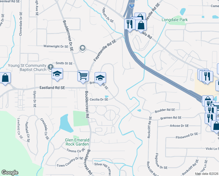 map of restaurants, bars, coffee shops, grocery stores, and more near 1881 Brannen Road Southeast in Atlanta