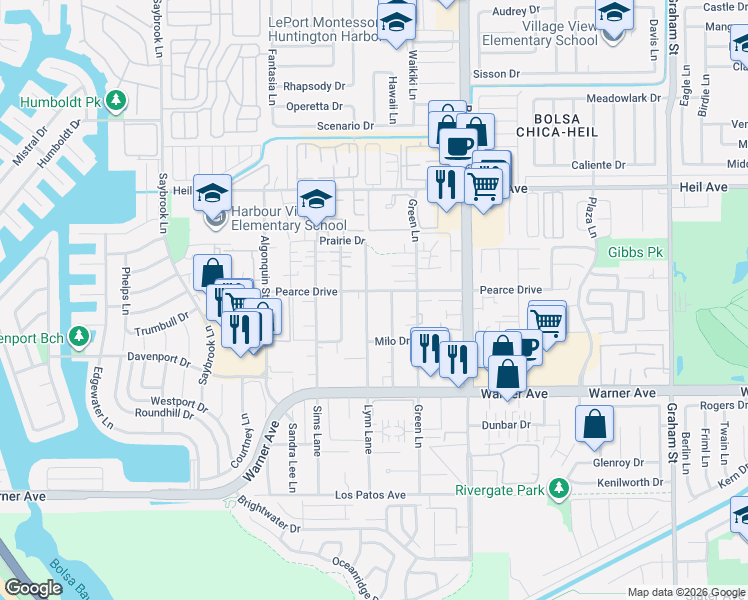 map of restaurants, bars, coffee shops, grocery stores, and more near 16762 Lynn Lane in Huntington Beach