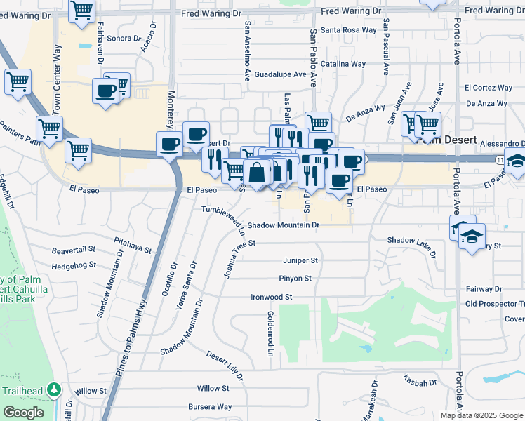 map of restaurants, bars, coffee shops, grocery stores, and more near 73340 Shadow Mountain Drive in Palm Desert