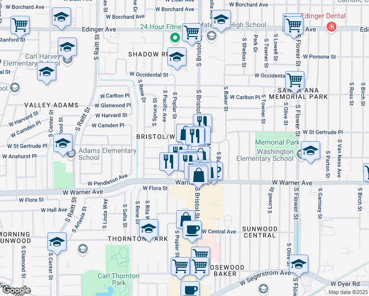 map of restaurants, bars, coffee shops, grocery stores, and more near 2118 South Bristol Street in Santa Ana