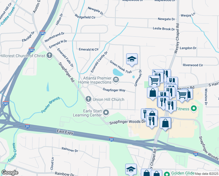 map of restaurants, bars, coffee shops, grocery stores, and more near 4050 Snapfinger Way in Decatur