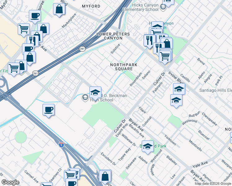 map of restaurants, bars, coffee shops, grocery stores, and more near 35 Taquitz in Irvine