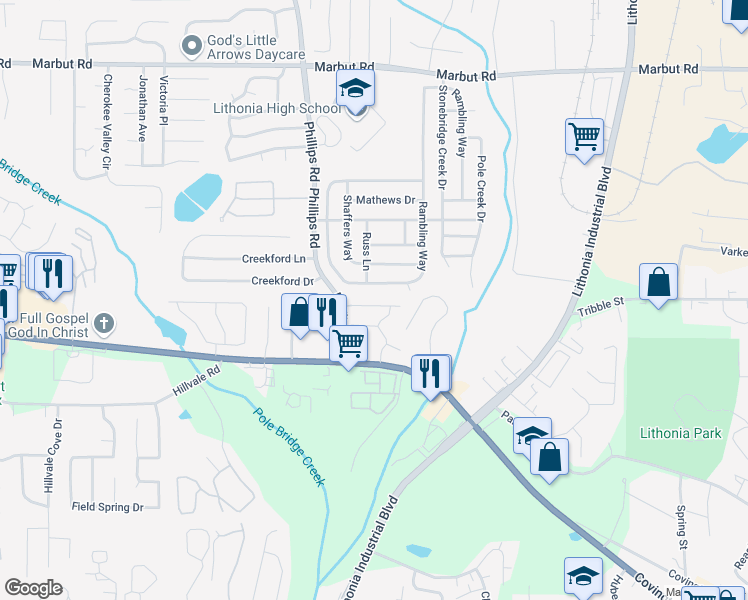 map of restaurants, bars, coffee shops, grocery stores, and more near 6386 Kennonbriar Court in Lithonia