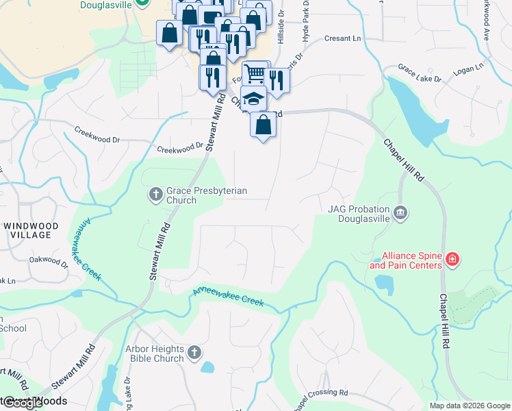 map of restaurants, bars, coffee shops, grocery stores, and more near 4831 Jennifer Lane in Douglasville