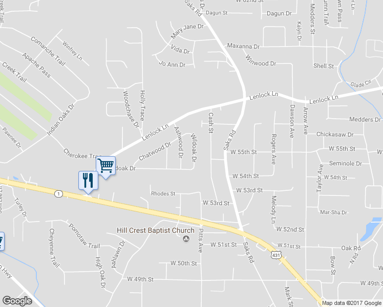 map of restaurants, bars, coffee shops, grocery stores, and more near 5514 Wildoak Drive in Anniston