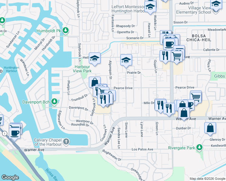 map of restaurants, bars, coffee shops, grocery stores, and more near 4485 Boardwalk Drive in Huntington Beach