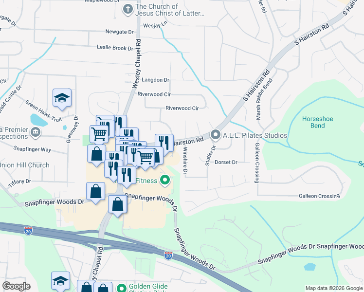 map of restaurants, bars, coffee shops, grocery stores, and more near 2373 Winshire Drive in Decatur