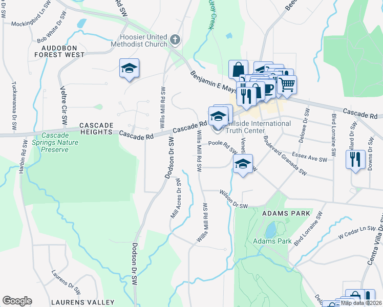 map of restaurants, bars, coffee shops, grocery stores, and more near 1353 Willis Mill Rd SW in Atlanta
