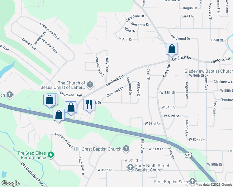 map of restaurants, bars, coffee shops, grocery stores, and more near 1204 Chatwood Drive in Anniston