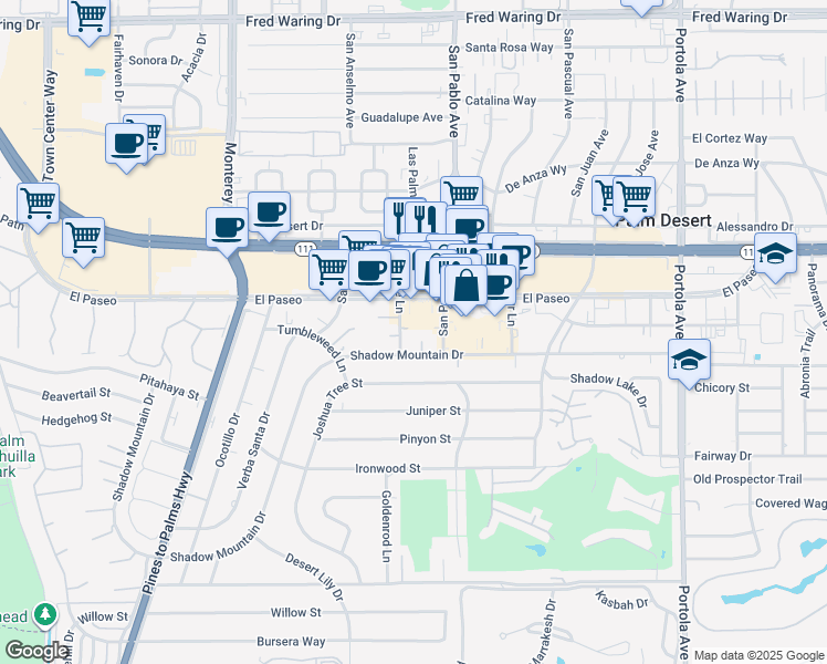 map of restaurants, bars, coffee shops, grocery stores, and more near 45394 Lupine Lane in Palm Desert
