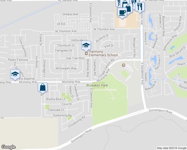 map of restaurants, bars, coffee shops, grocery stores, and more near 1711 Calathea Road in Hemet