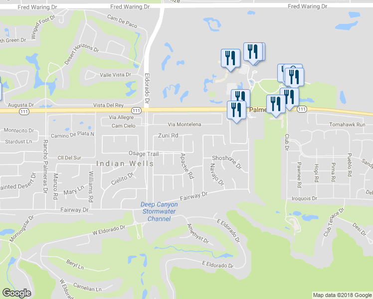 map of restaurants, bars, coffee shops, grocery stores, and more near 45500 Apache Road in Indian Wells
