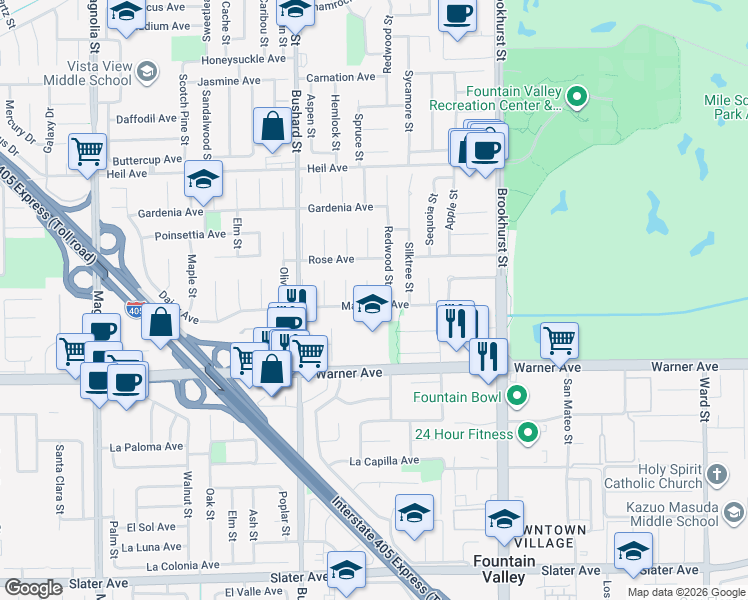 map of restaurants, bars, coffee shops, grocery stores, and more near 16830 Buckeye Circle in Fountain Valley