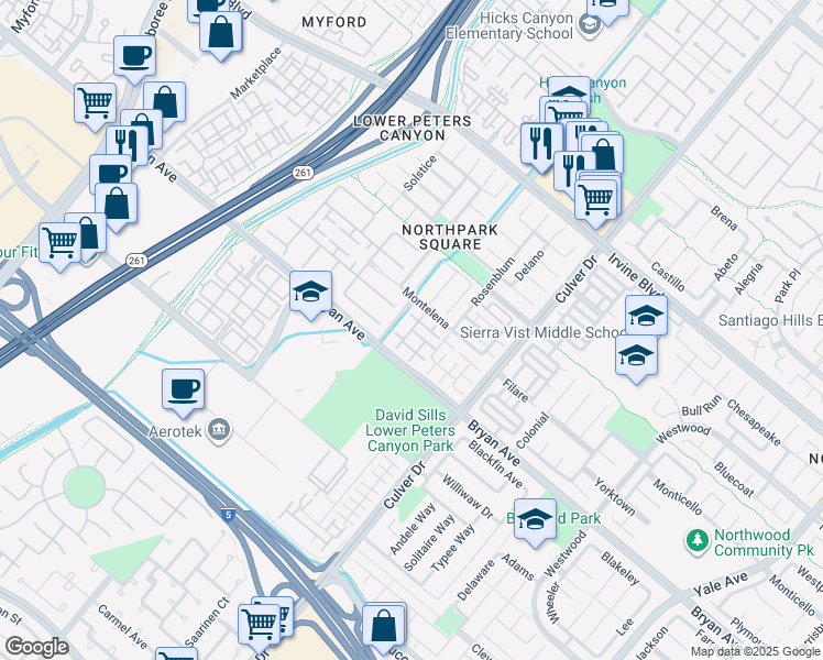 map of restaurants, bars, coffee shops, grocery stores, and more near 30 Taquitz in Irvine