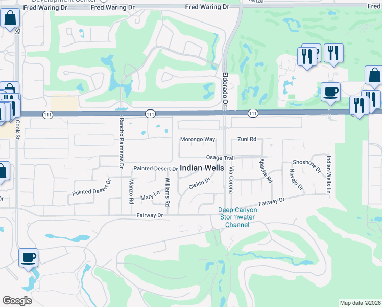 map of restaurants, bars, coffee shops, grocery stores, and more near 75830 Osage Trail in Indian Wells