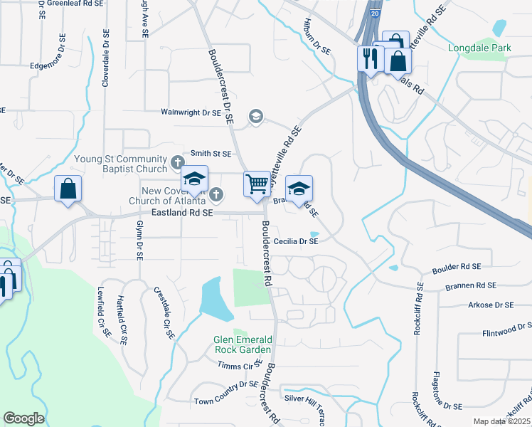 map of restaurants, bars, coffee shops, grocery stores, and more near Bouldercrest Rd SE & Eastland Rd SE in Atlanta