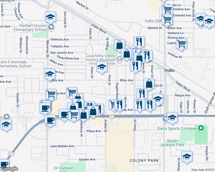 map of restaurants, bars, coffee shops, grocery stores, and more near 45420 Park Street in Indio
