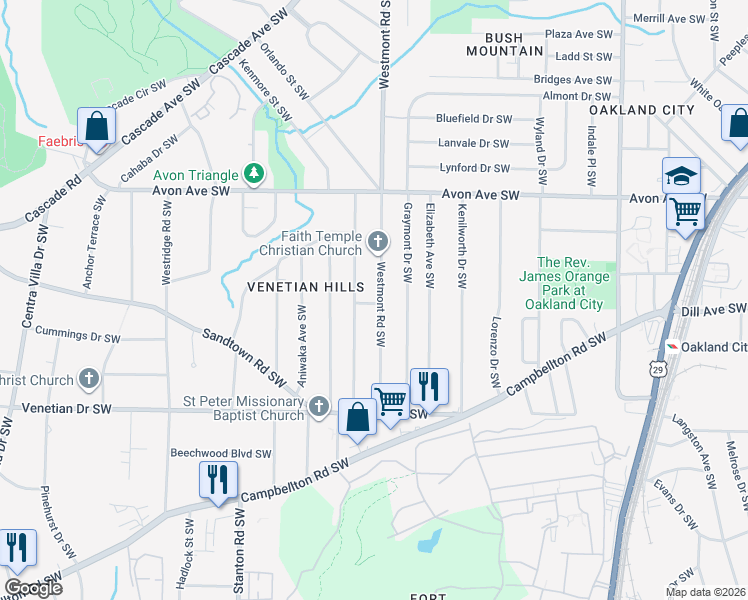 map of restaurants, bars, coffee shops, grocery stores, and more near 1347 Westmont Road Southwest in Atlanta