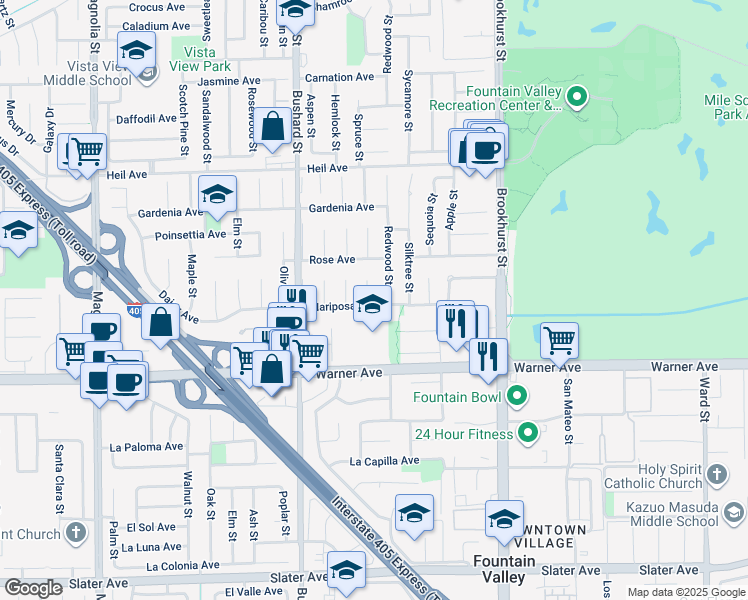 map of restaurants, bars, coffee shops, grocery stores, and more near 16830 Buckeye Circle in Fountain Valley