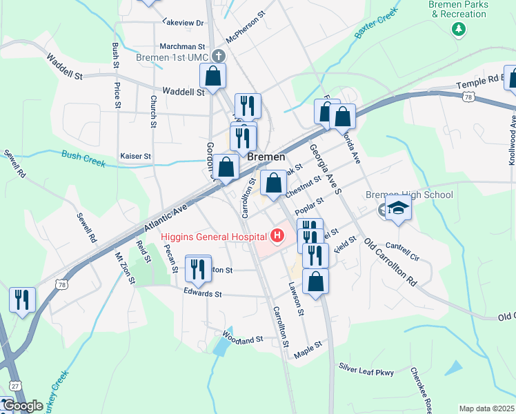 map of restaurants, bars, coffee shops, grocery stores, and more near 194 Chestnut Street in Bremen