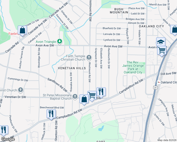 map of restaurants, bars, coffee shops, grocery stores, and more near 1347 Westmont Road Southwest in Atlanta
