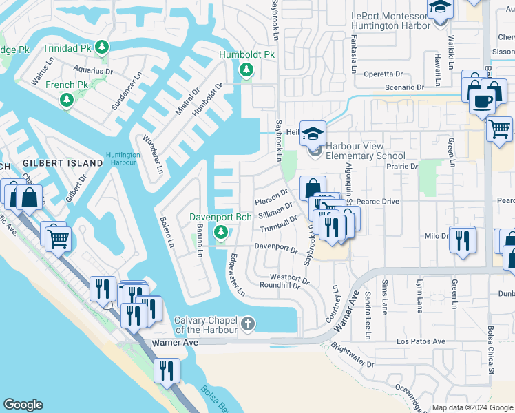 map of restaurants, bars, coffee shops, grocery stores, and more near 4152 Pierson Drive in Huntington Beach