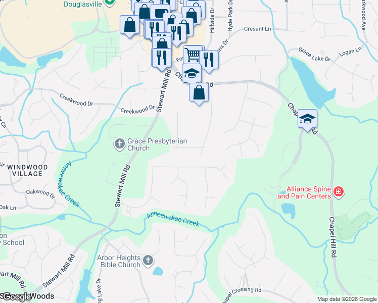 map of restaurants, bars, coffee shops, grocery stores, and more near 4831 Jennifer Lane in Douglasville