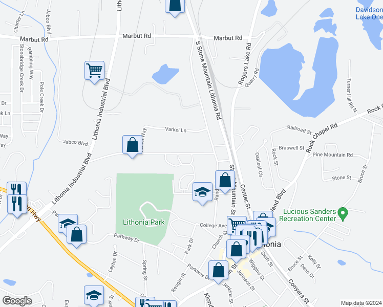 map of restaurants, bars, coffee shops, grocery stores, and more near 6781 Tribble Street in Lithonia