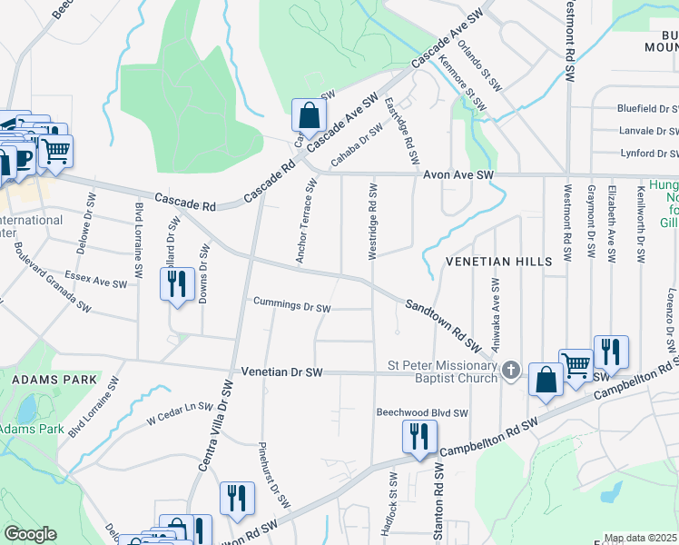 map of restaurants, bars, coffee shops, grocery stores, and more near 1301 Cahaba Drive Southwest in Atlanta