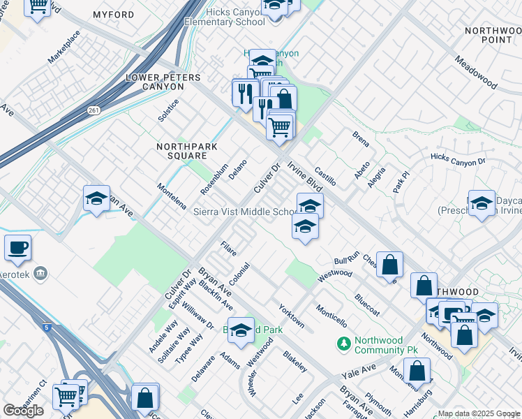 map of restaurants, bars, coffee shops, grocery stores, and more near 41 Fabriano in Irvine