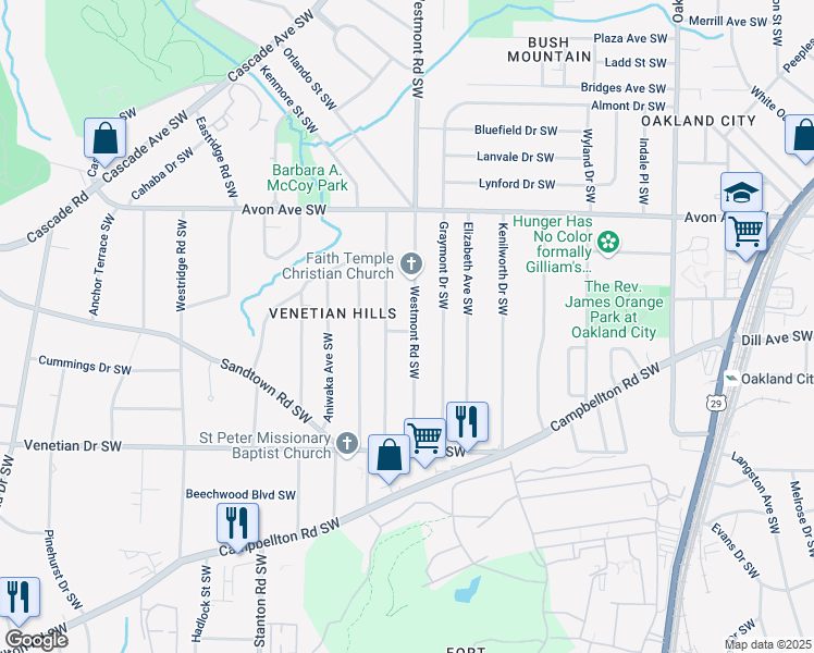 map of restaurants, bars, coffee shops, grocery stores, and more near 1347 Westmont Road Southwest in Atlanta