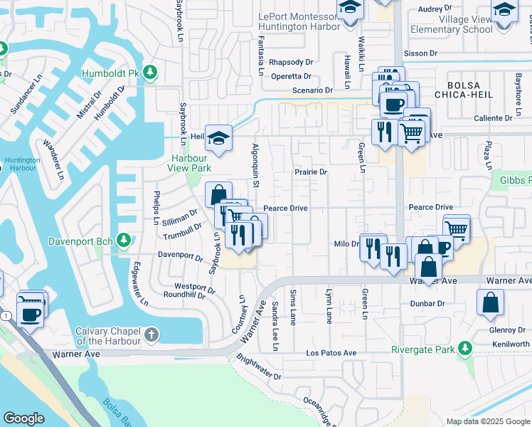 map of restaurants, bars, coffee shops, grocery stores, and more near 16738 Algonquin Street in Huntington Beach