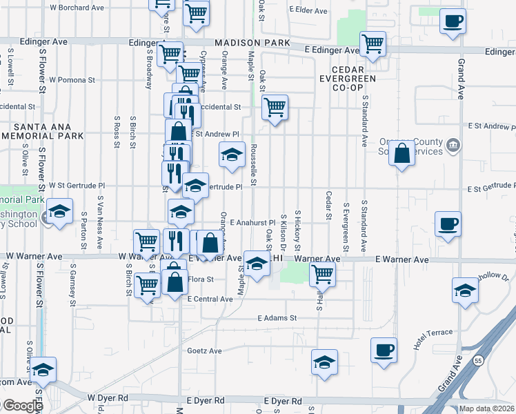 map of restaurants, bars, coffee shops, grocery stores, and more near 2125 Rousselle Street in Santa Ana