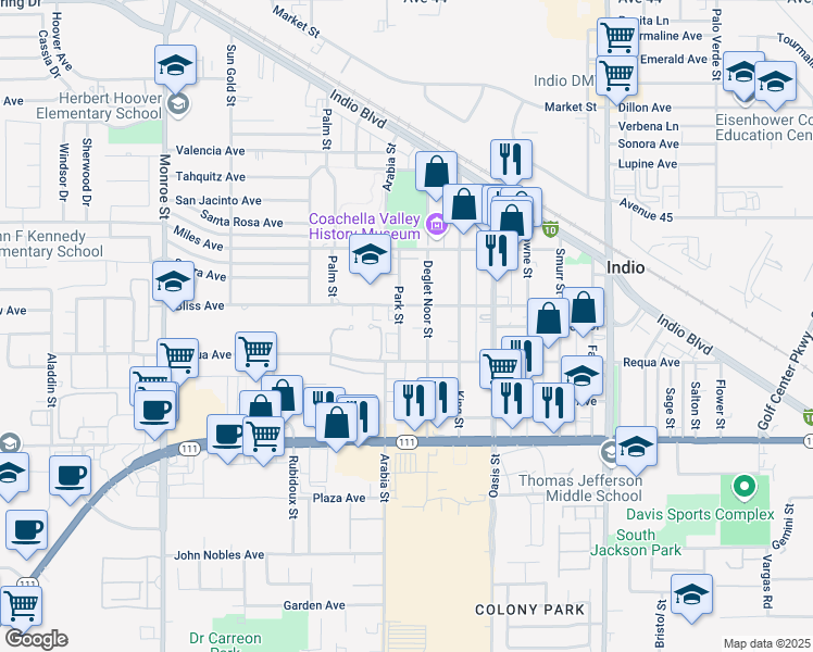 map of restaurants, bars, coffee shops, grocery stores, and more near 45420 Park Street in Indio