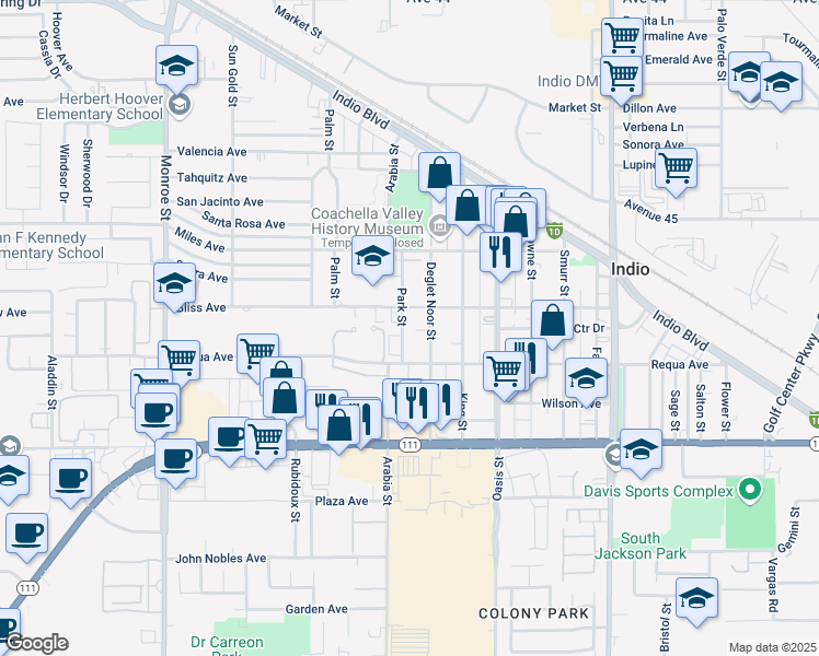 map of restaurants, bars, coffee shops, grocery stores, and more near 45420 Park Street in Indio