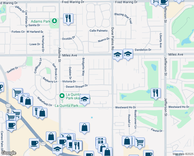 map of restaurants, bars, coffee shops, grocery stores, and more near 79330 Desert Rock Court in La Quinta