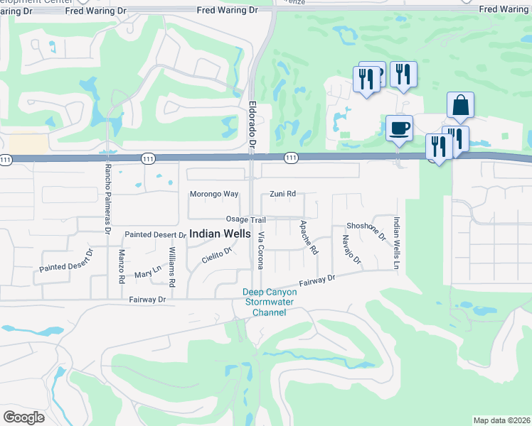 map of restaurants, bars, coffee shops, grocery stores, and more near 45480 Vía Corona in Indian Wells