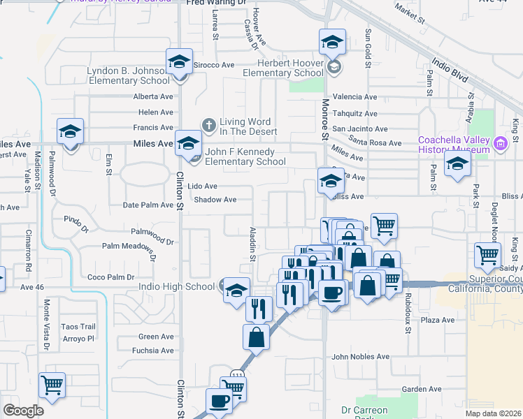 map of restaurants, bars, coffee shops, grocery stores, and more near 45546 Aladdin Street in Indio