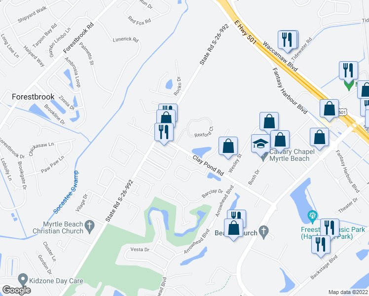 map of restaurants, bars, coffee shops, grocery stores, and more near 101 Fountain Pointe Lane in Myrtle Beach