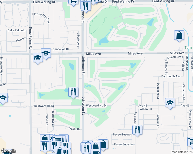 map of restaurants, bars, coffee shops, grocery stores, and more near 80126 Pebble Beach Drive in Indio